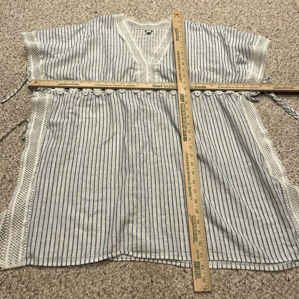 J Crew Tunic Beach Cover Up Lace Stripe M/L Cream Blue Coastal Classic Preppy